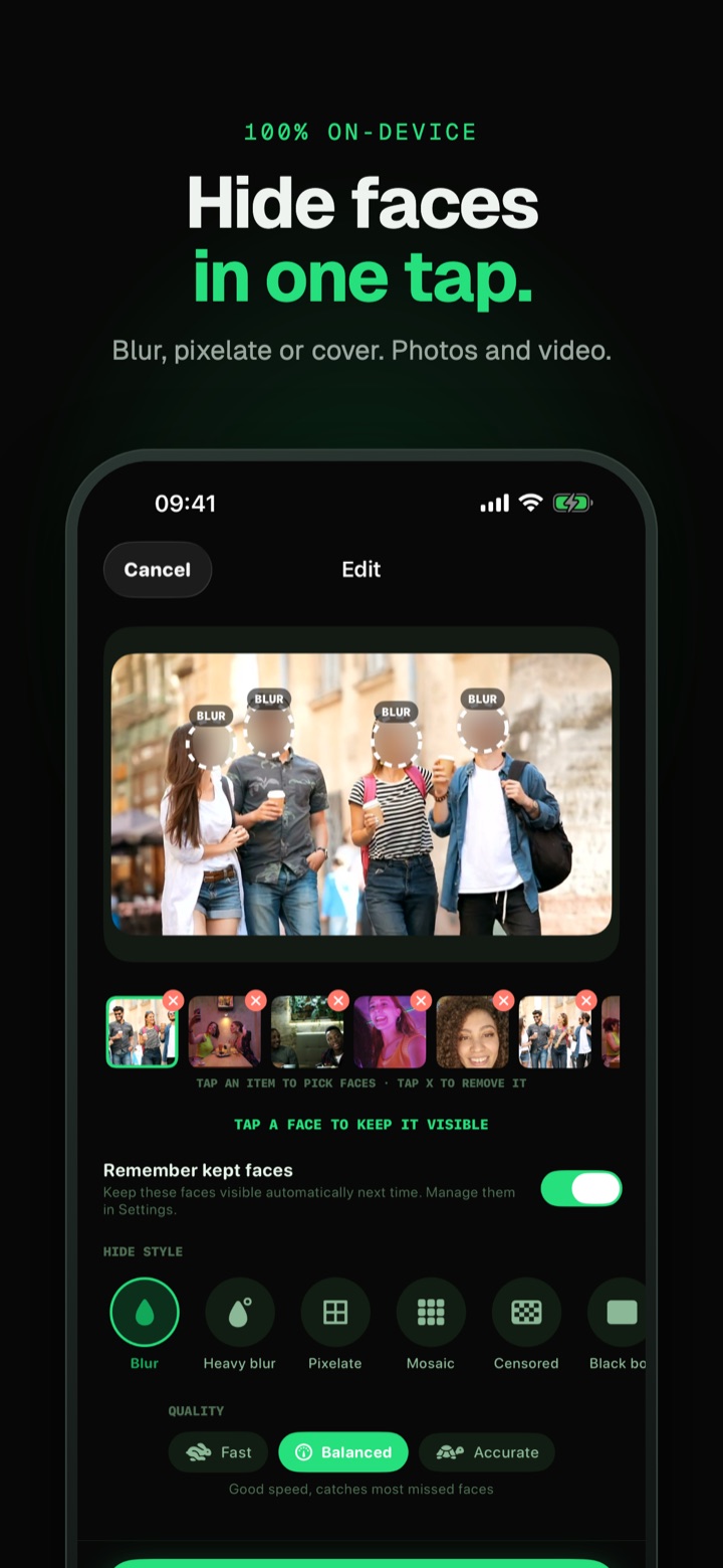 The Edit screen: a group photo with every face covered by a blur and the hide style picker below