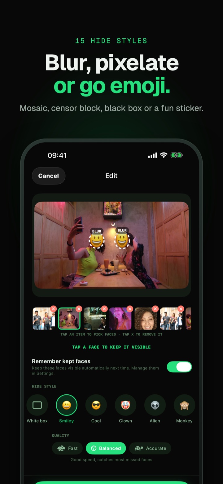 Faces covered with emoji stickers, one of the hide styles