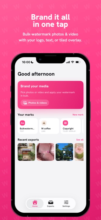 Bulk Watermark home screen: a Brand your media card, saved marks, and recent exports