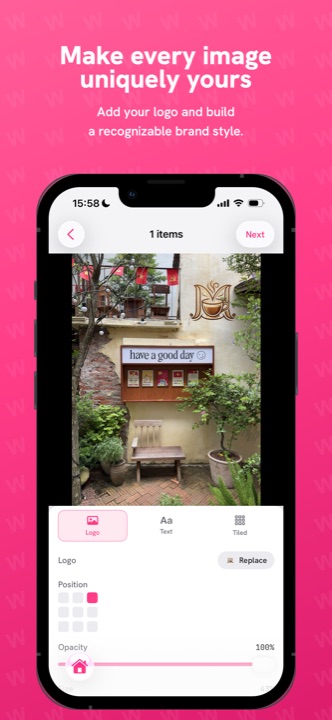 The editor placing a logo watermark on a photo, with position grid and opacity controls