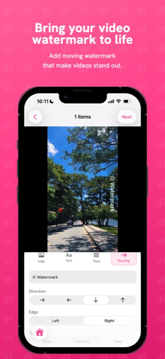 The running ticker style scrolling a watermark across a video, with direction and edge controls