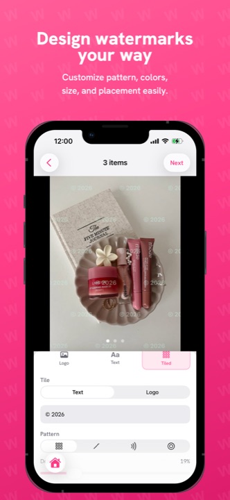 The tiled style repeating a copyright mark across a product photo, with pattern options
