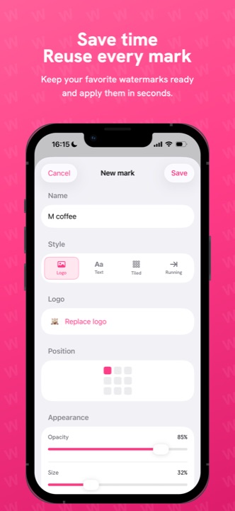 Creating a saved mark with a name, style, logo, position, opacity, and size
