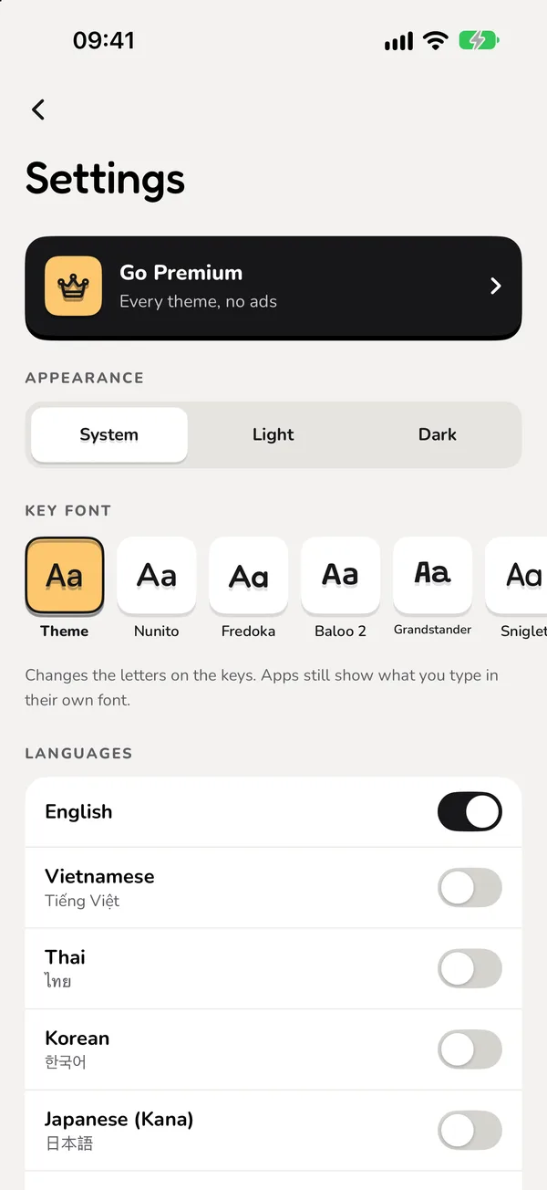 Keydrobe settings: appearance, key font and languages