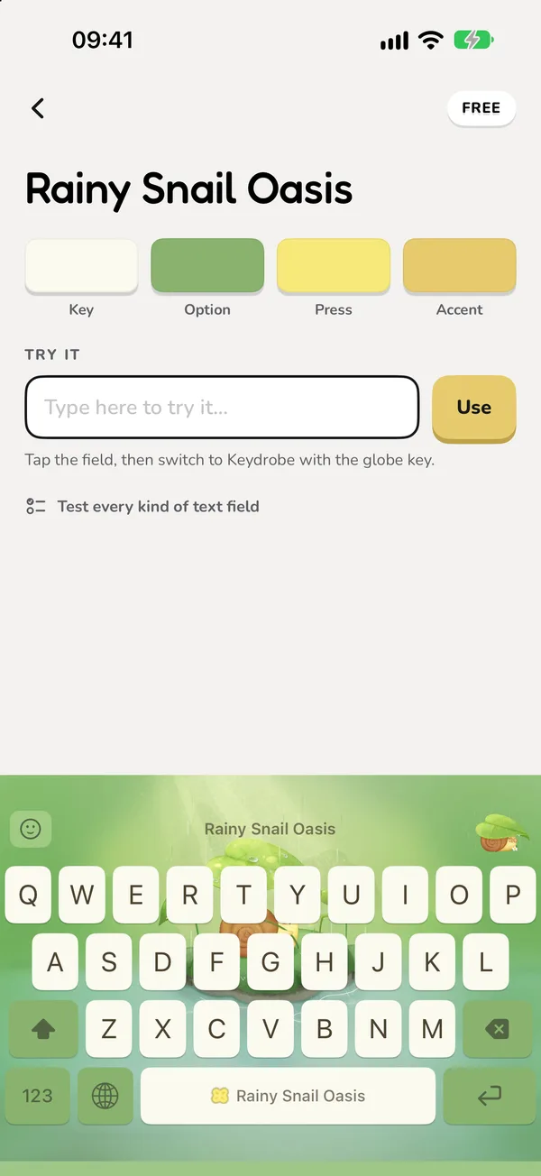A keyboard theme in Keydrobe, with its colors and a live keyboard to try it on