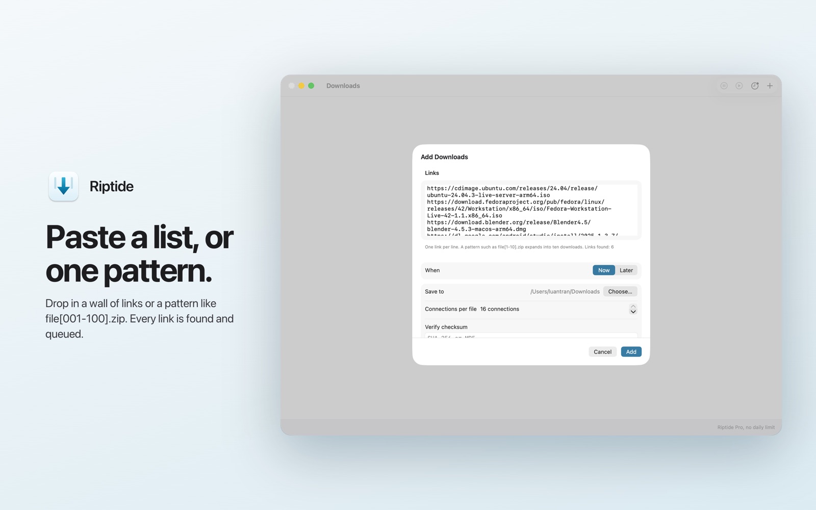 The Add Downloads sheet with a pasted list of links and a range pattern expanded into many downloads