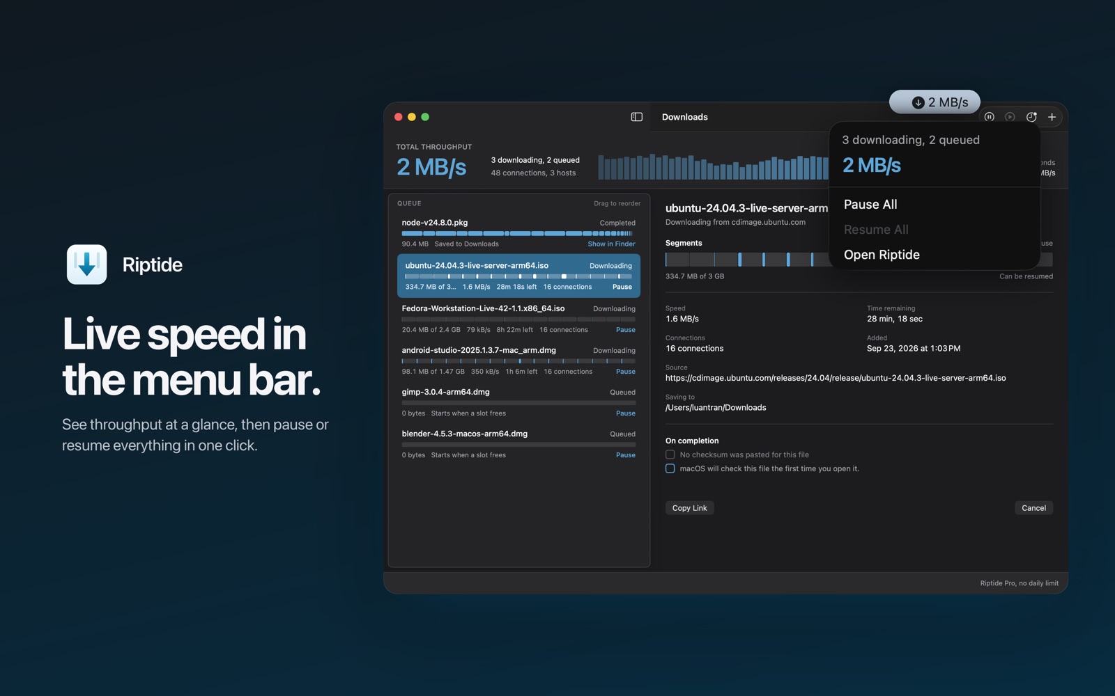 The Riptide menu bar extra showing live speed with Pause All and Resume All
