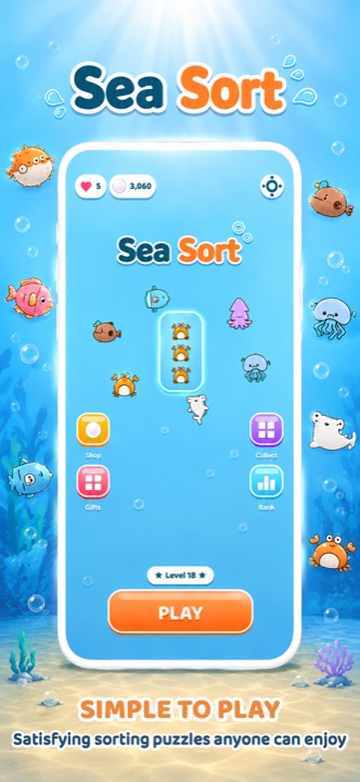 Sea Sort home screen with cute sea creatures and the Play button