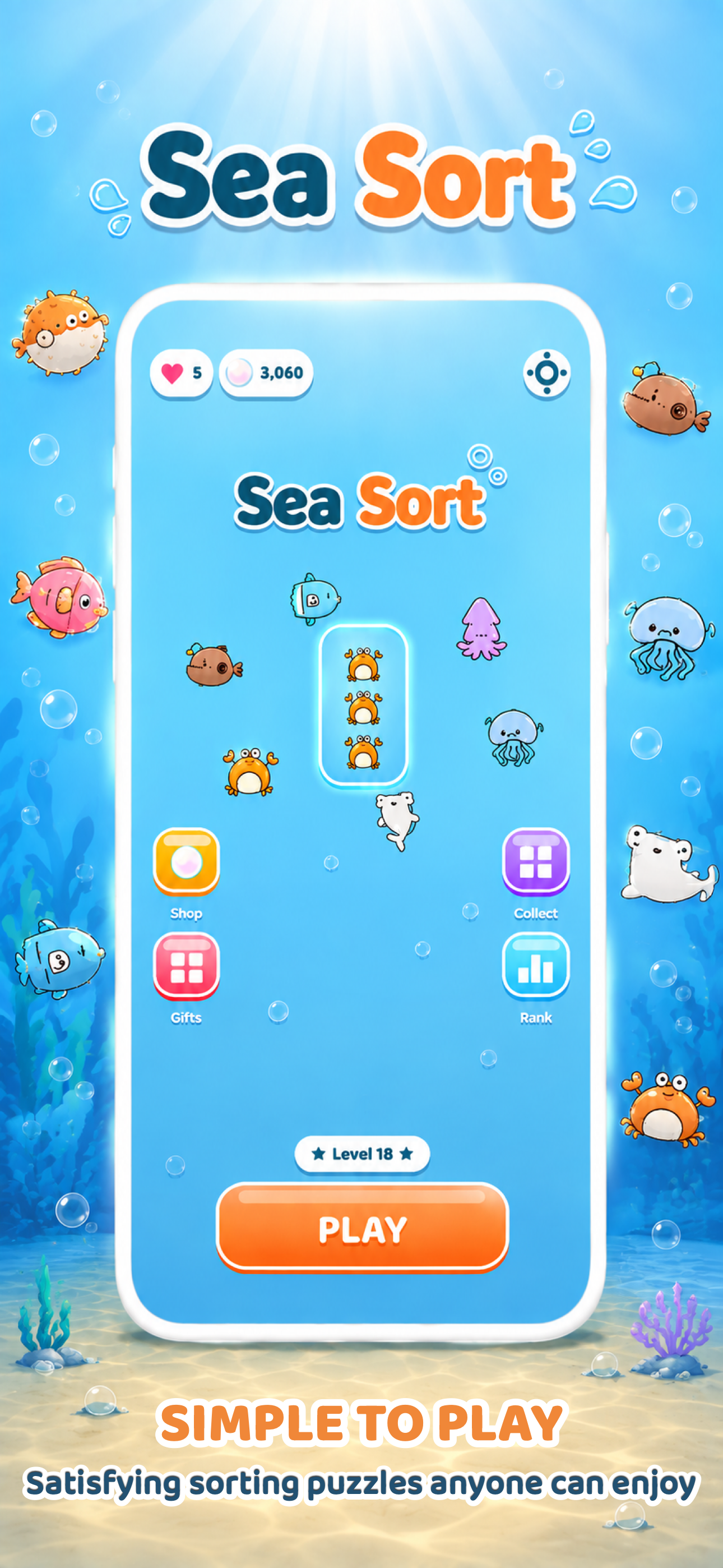 Sea Sort home screen with cute sea creatures and the Play button