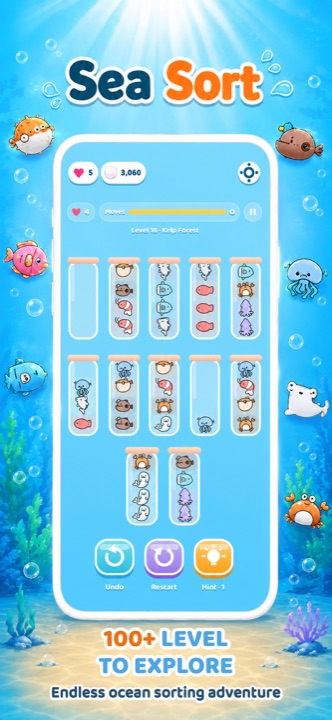 A Kelp Forest level with jars of sea creatures to sort