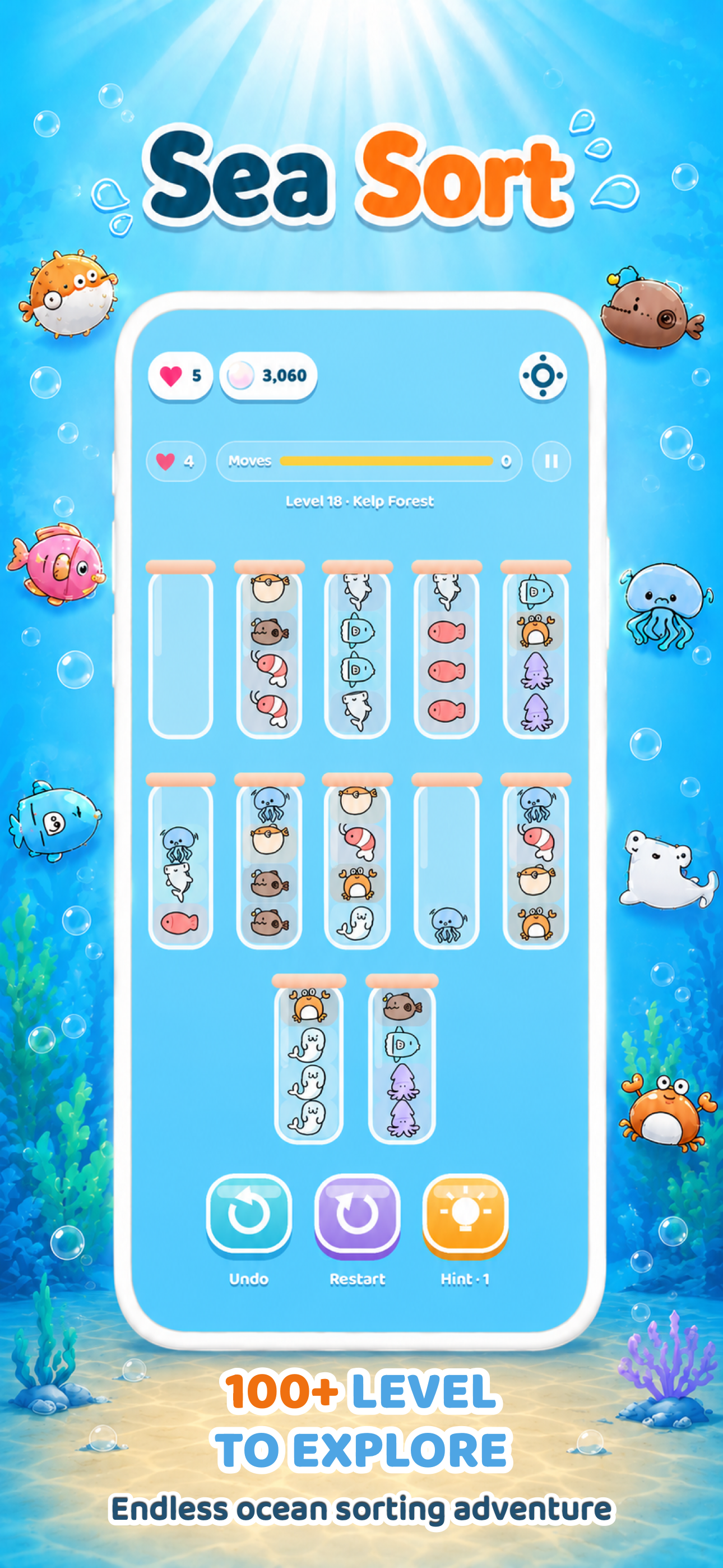 A Kelp Forest level with jars of sea creatures to sort