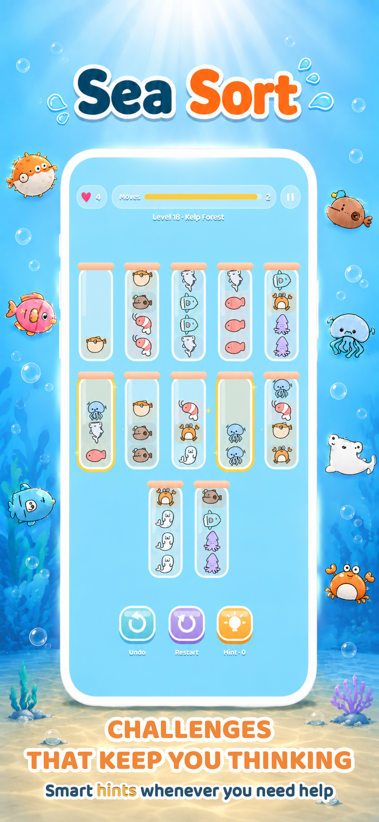 A level in progress with hint-highlighted jars