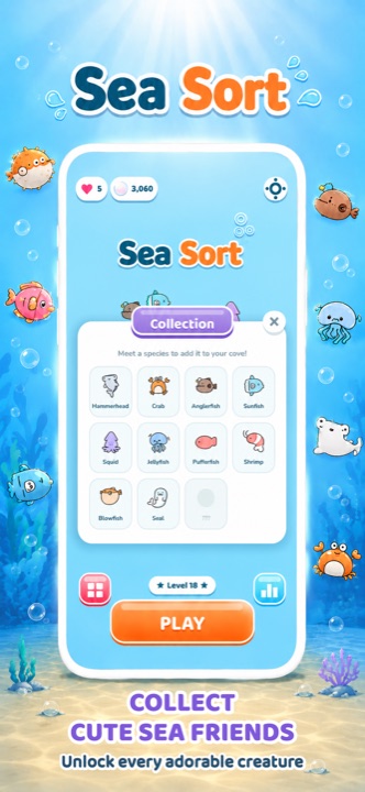The Collection screen showing unlocked sea creatures
