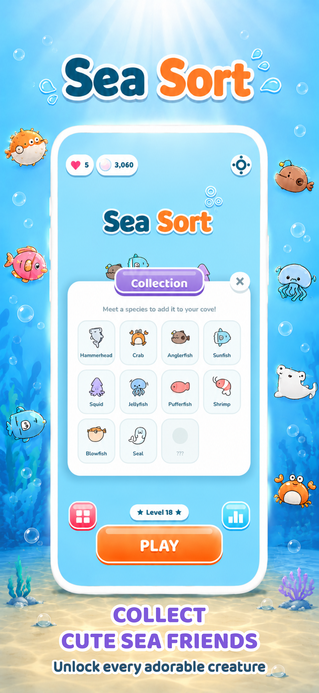 The Collection screen showing unlocked sea creatures
