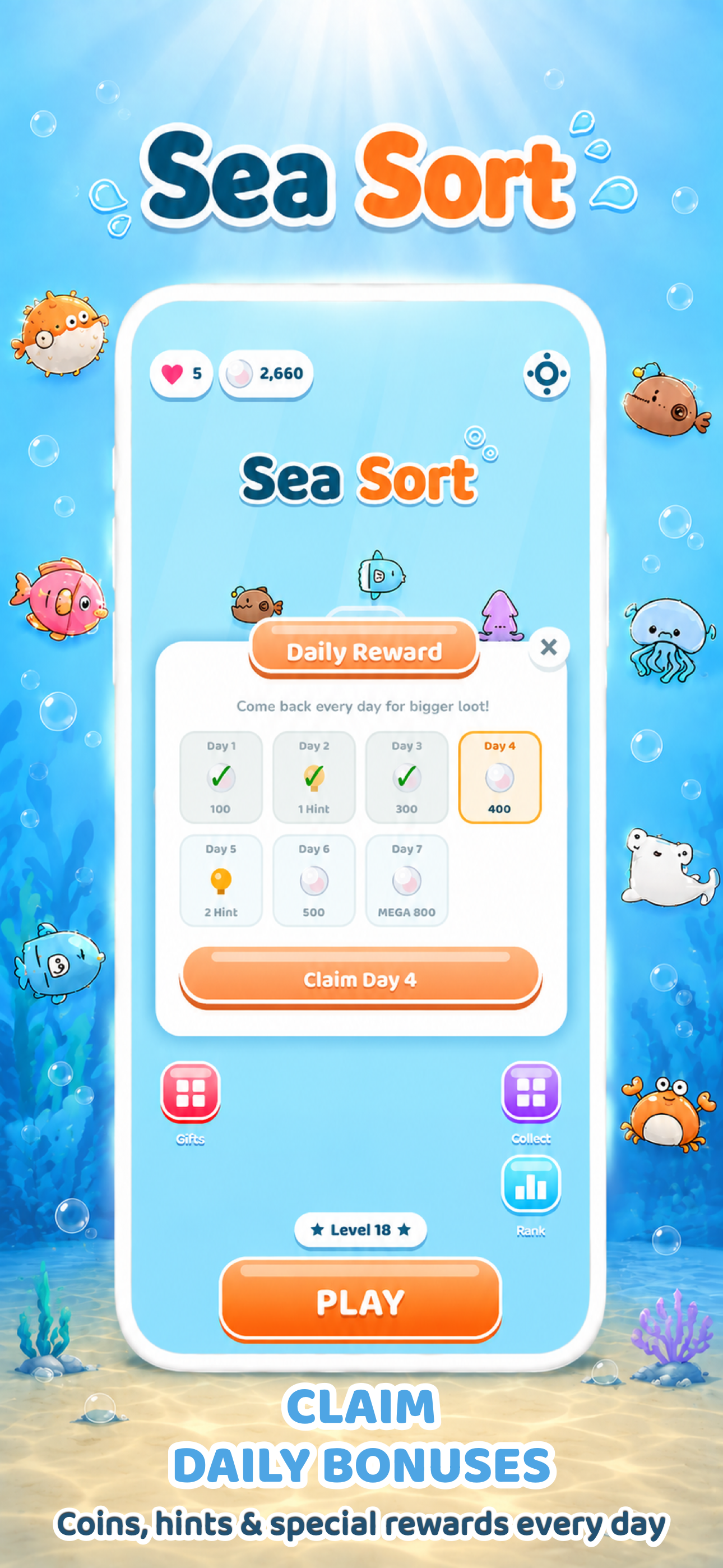 The Daily Reward screen with seven days of bonuses