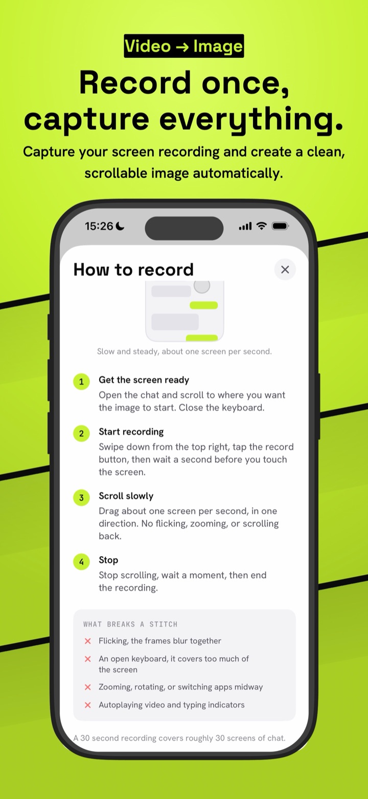 The How to record guide: get the screen ready, start recording, scroll slowly, stop
