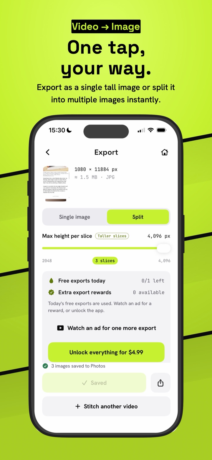 The Export screen showing a 1080 by 11884 pixel image split into 3 slices
