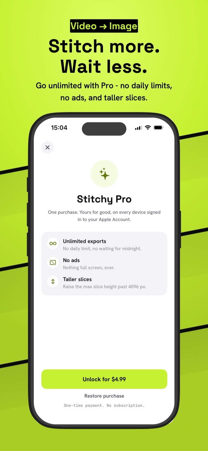 Stitchy Pro: unlimited exports, no ads and taller slices for a one-time payment