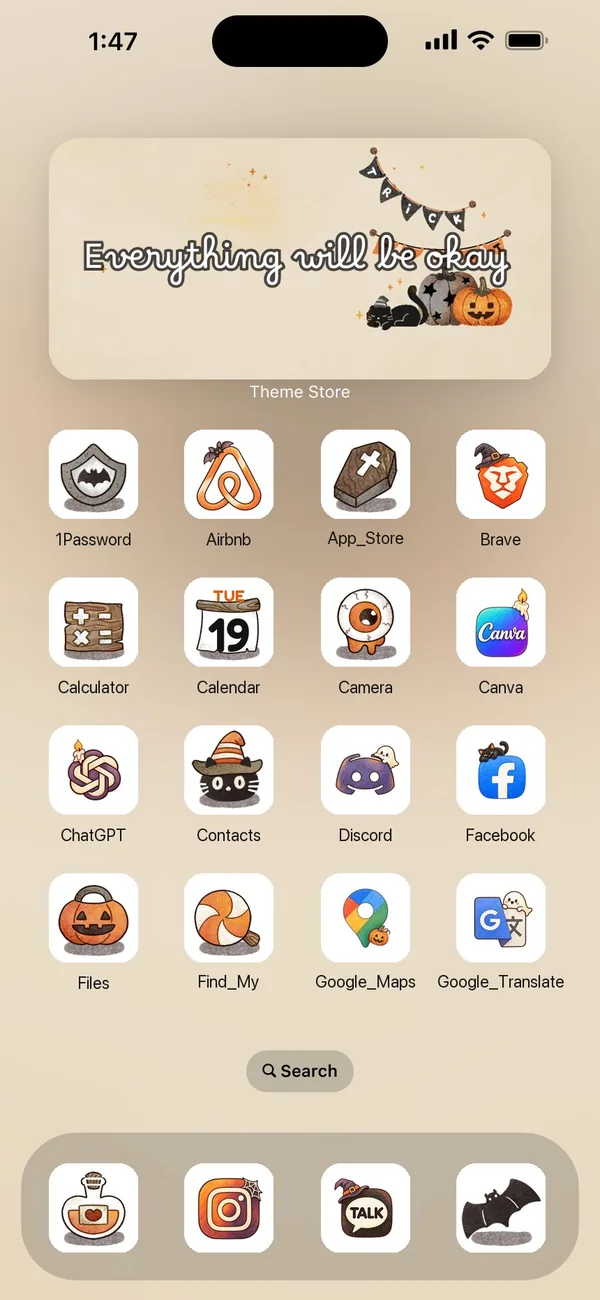 An iPhone home screen in the Halloween Shelf Deco theme