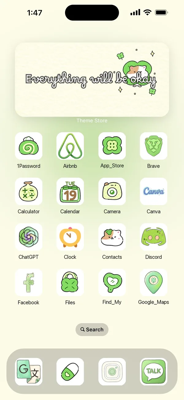 An iPhone home screen in the Lucky Clover Hamster theme