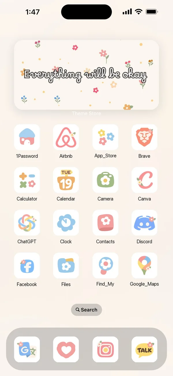 An iPhone home screen in the Pastel Tiny Flowers theme