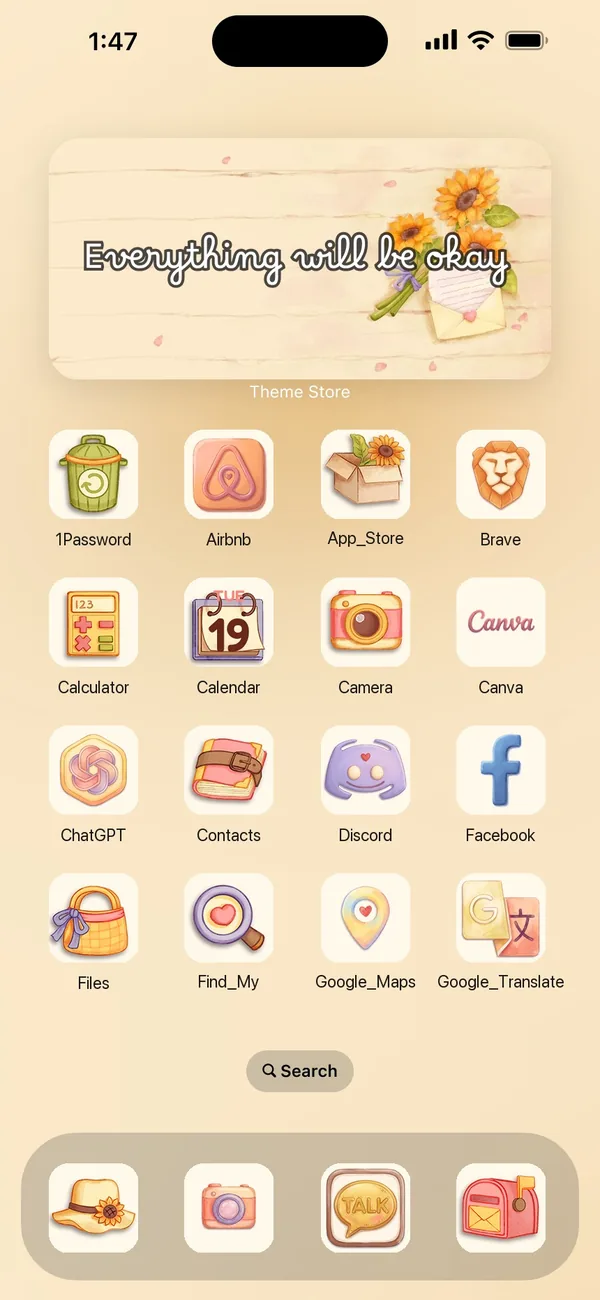 An iPhone home screen in the Sunflower Love Letter theme
