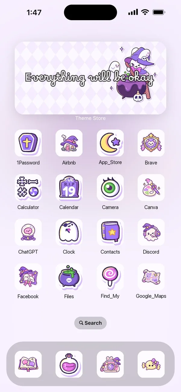 An iPhone home screen in the Sweet Witch Bunny theme