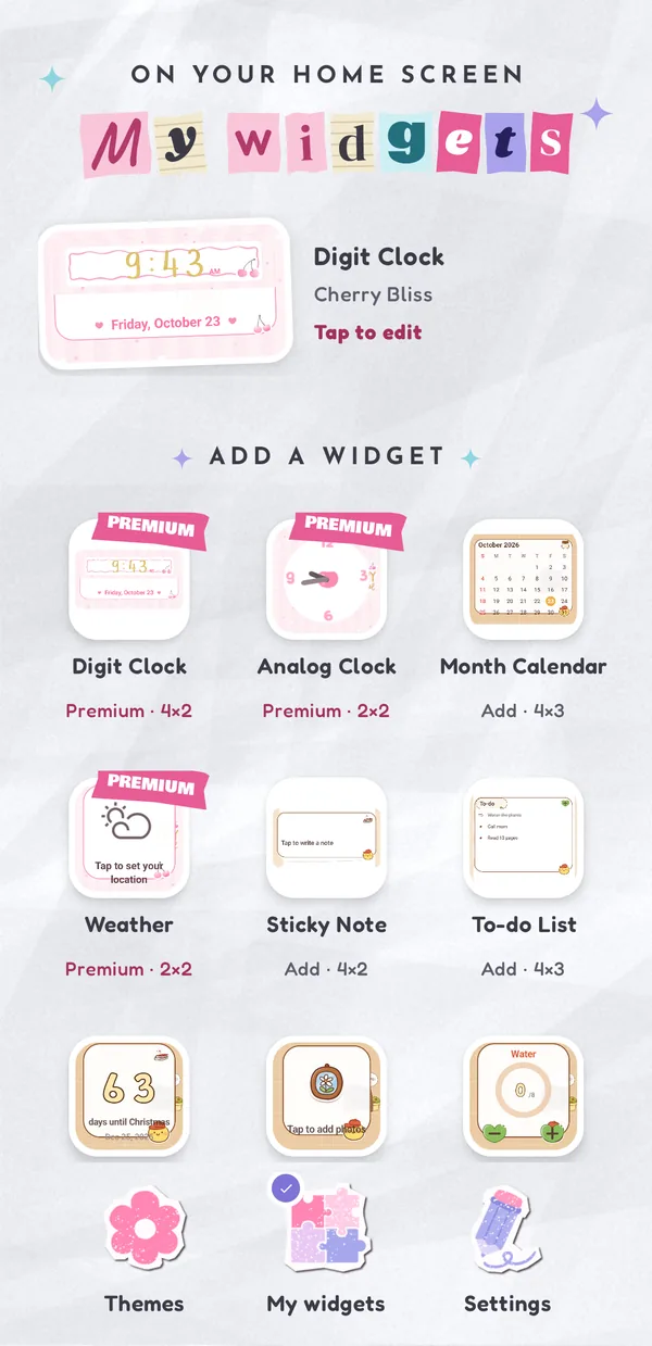The My widgets screen: widgets on the home screen and the Add a widget grid