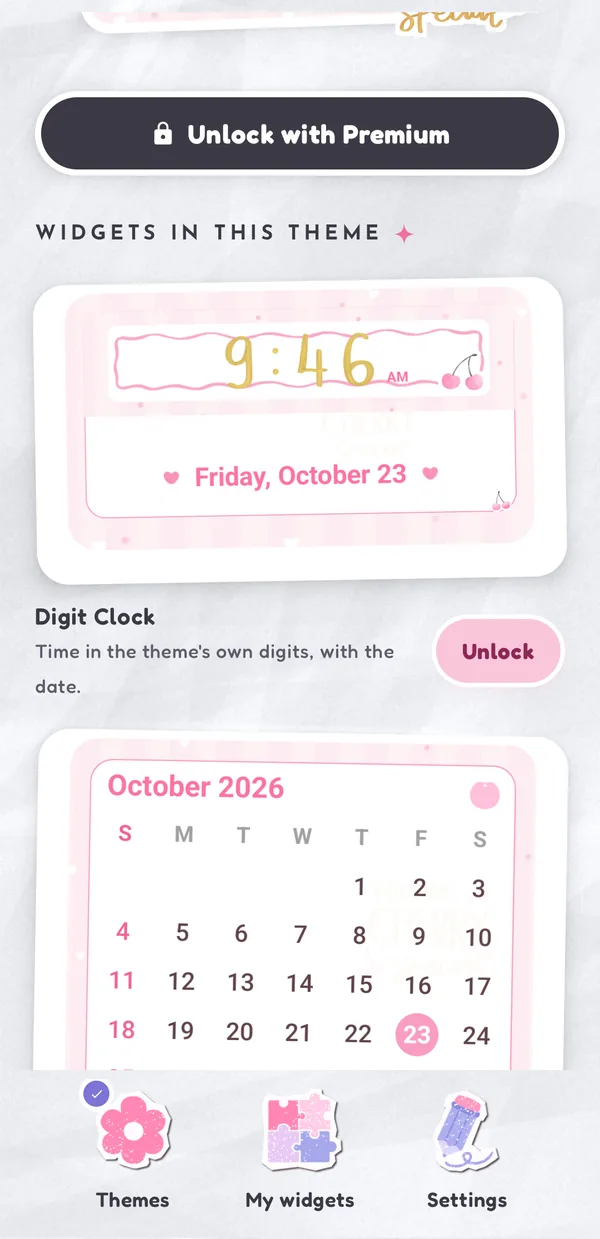 A theme page in Widget Theme showing its Digit Clock and Month Calendar widgets